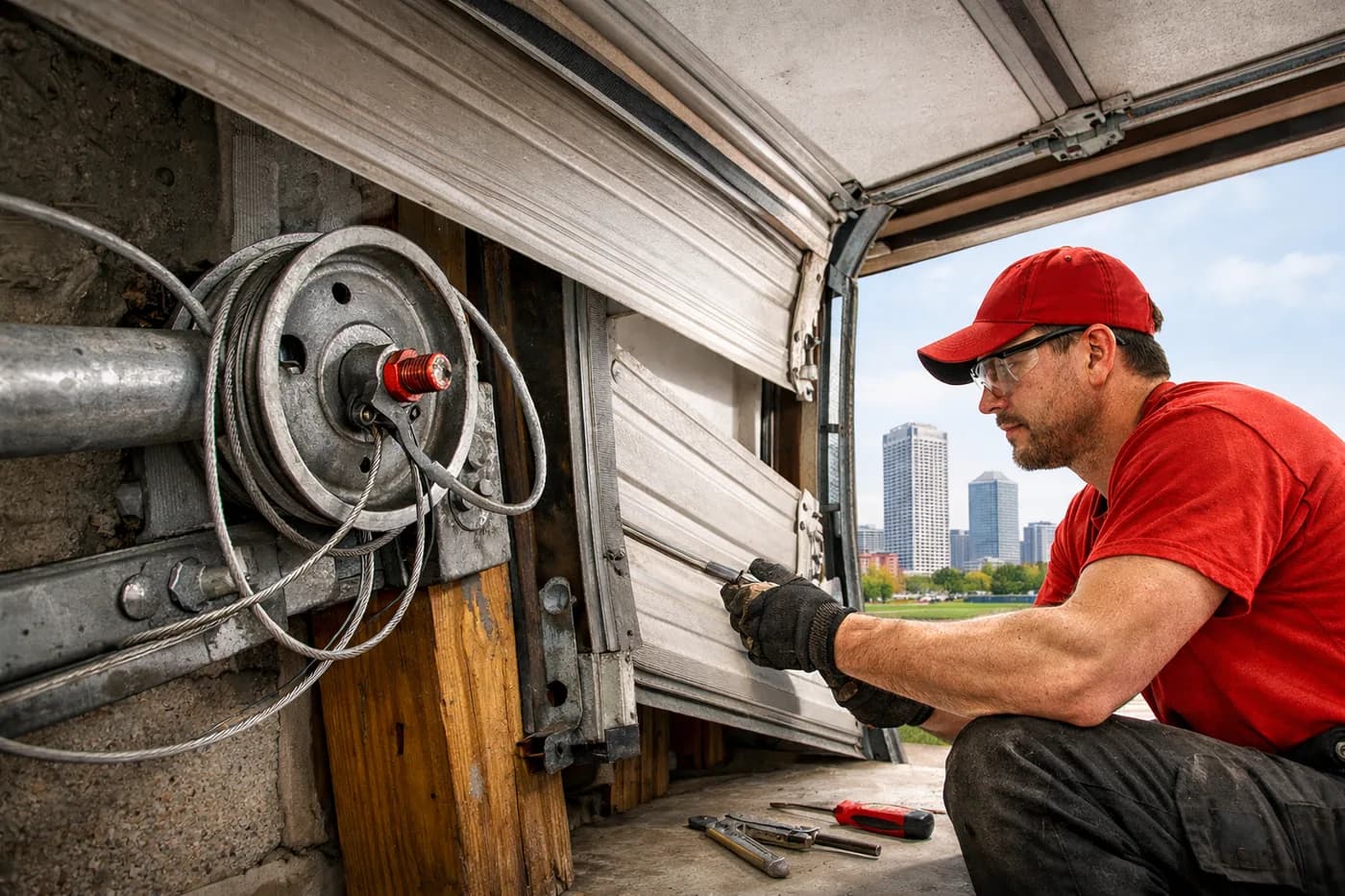 Garage door cable repair and off-track fix: technician repairing cable and pulley system in Milwaukee, WI